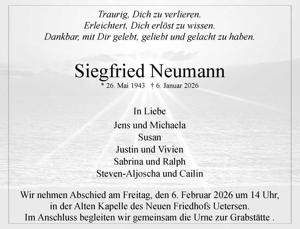  Traueranzeige für Siegfried Neumann vom 17.01.2026 aus Uetersener Nachrichten, Der tip am Wochenende