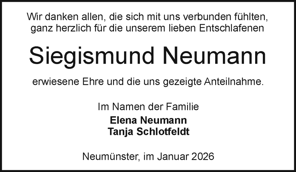  Traueranzeige für Siegismund Neumann vom 17.01.2026 aus Holsteinischer Courier