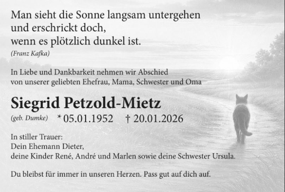  Traueranzeige für Siegrid Petzold-Mietz vom 31.01.2026 aus Husumer Nachrichten, Nordfriesland Tageblatt