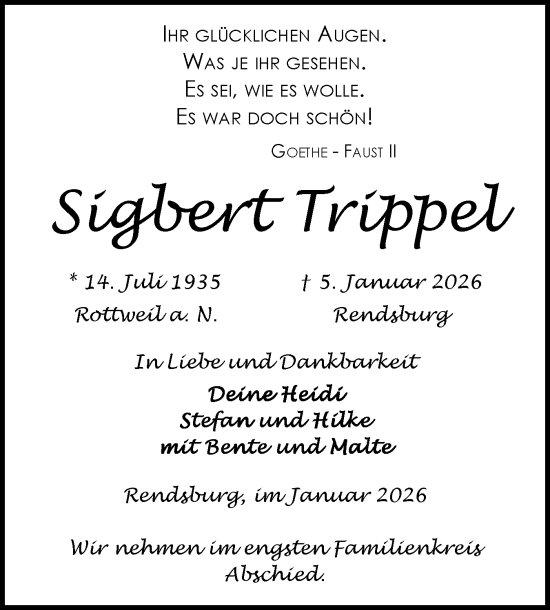 Traueranzeige von Sigbert Trippel von Schleswig-Holsteinische Landeszeitung