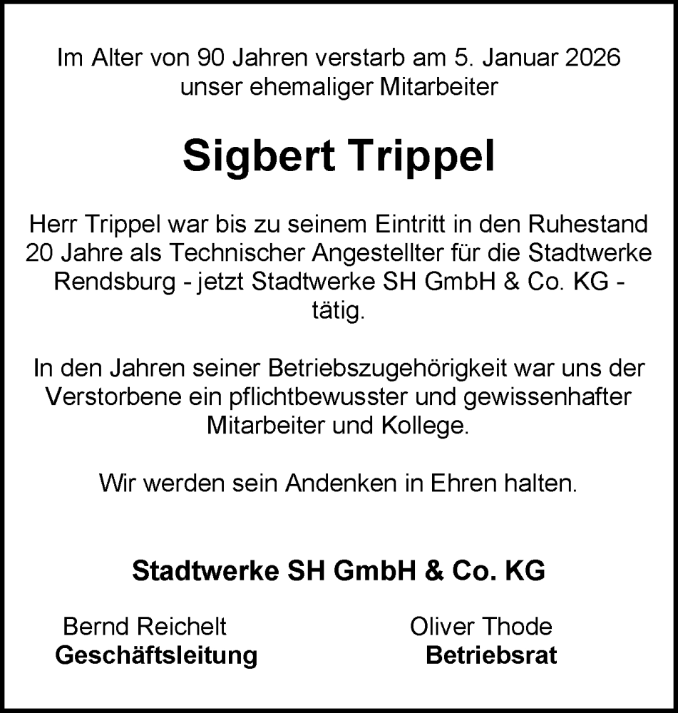  Traueranzeige für Sigbert Trippel vom 15.01.2026 aus Schleswig-Holsteinische Landeszeitung