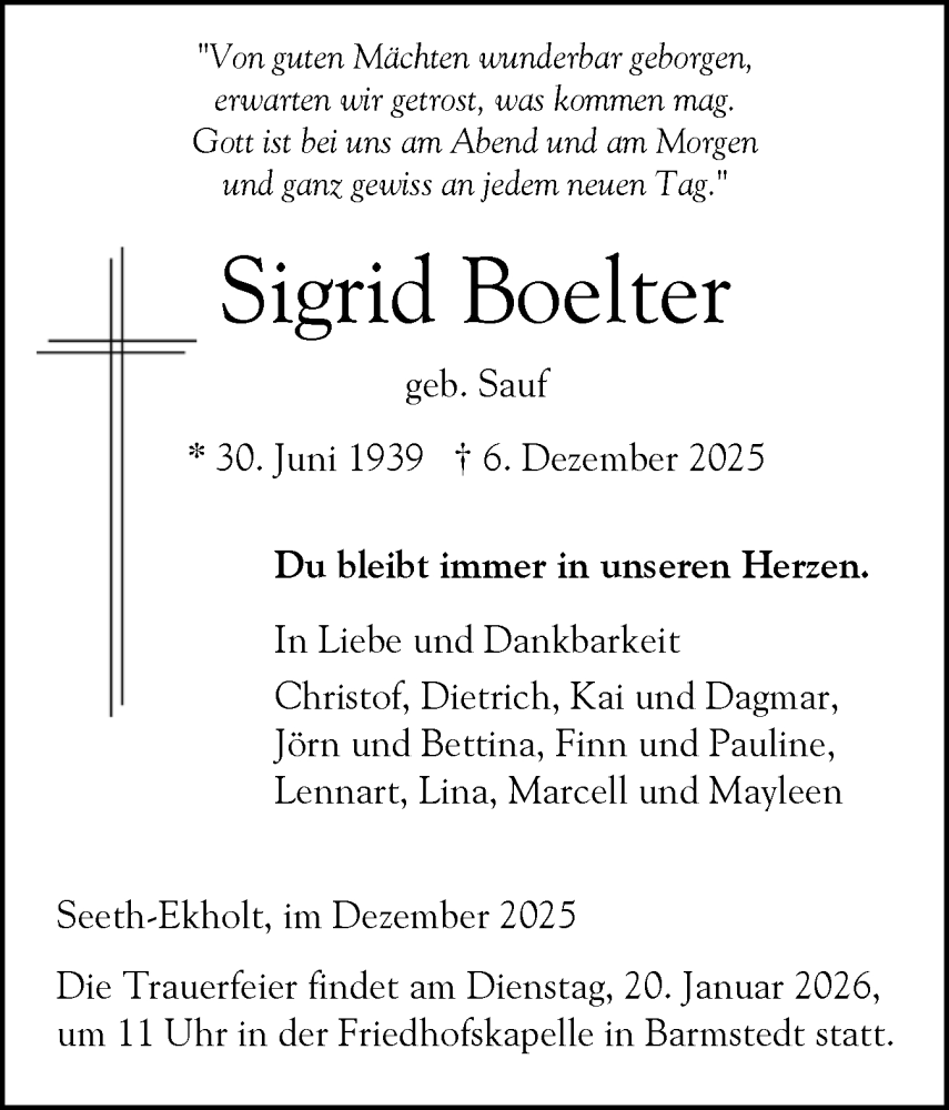  Traueranzeige für Sigrid Boelter vom 10.01.2026 aus Elmshorner Nachrichten, Barmstedter Zeitung