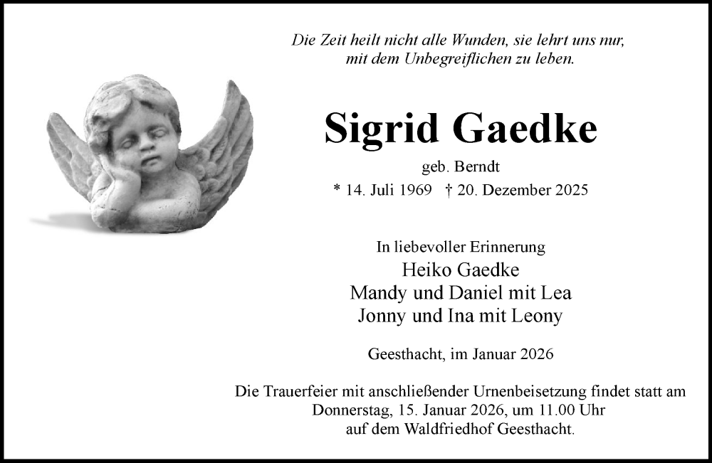  Traueranzeige für Sigrid Gaedke vom 10.01.2026 aus Wochenend Anzeiger