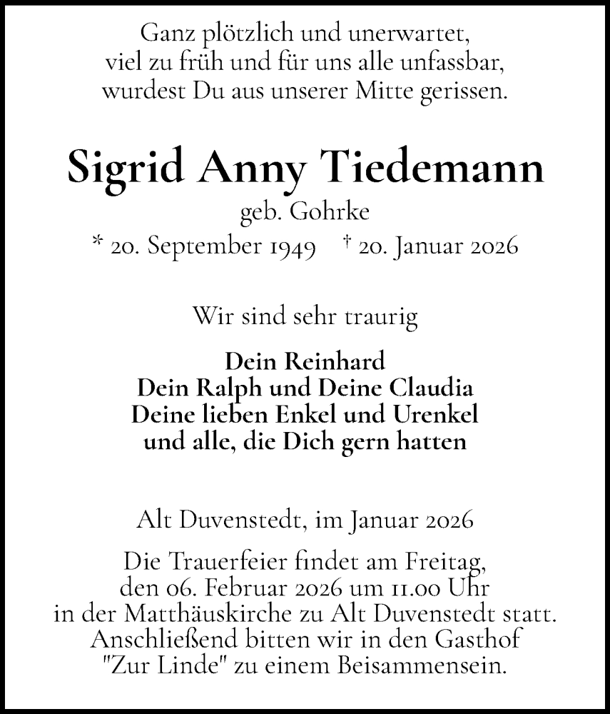  Traueranzeige für Sigrid Anny Tiedemann vom 31.01.2026 aus Schleswig-Holsteinische Landeszeitung