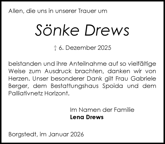 Traueranzeige von Sönke Drews von Schleswig-Holsteinische Landeszeitung