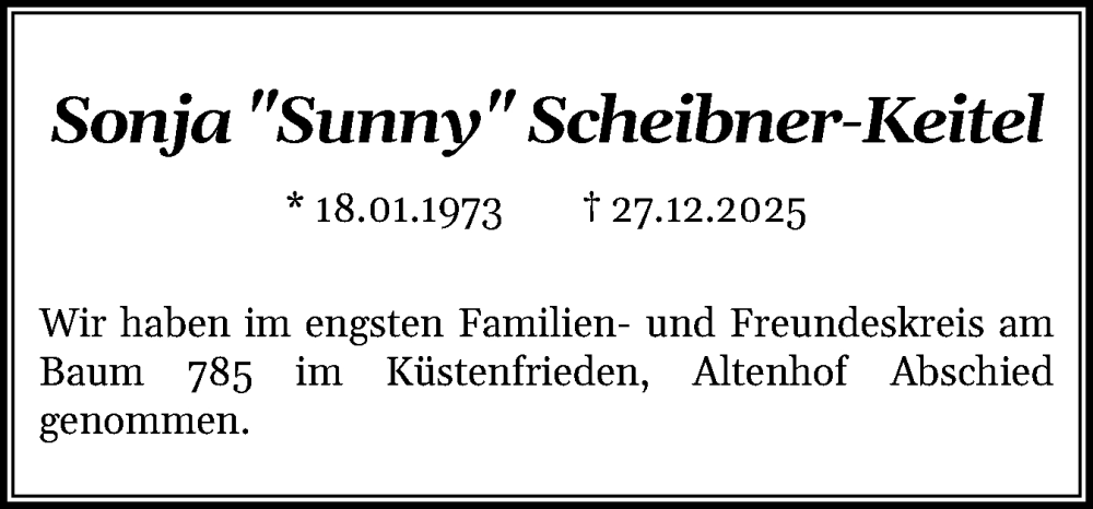  Traueranzeige für Sonja Scheibner-Keitel vom 27.01.2026 aus Eckernförder Zeitung, Hallo Eckernförde