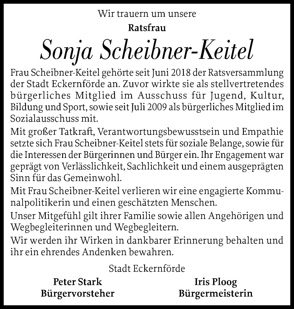  Traueranzeige für Sonja Scheibner-Keitel vom 24.01.2026 aus Eckernförder Zeitung, Hallo Eckernförde
