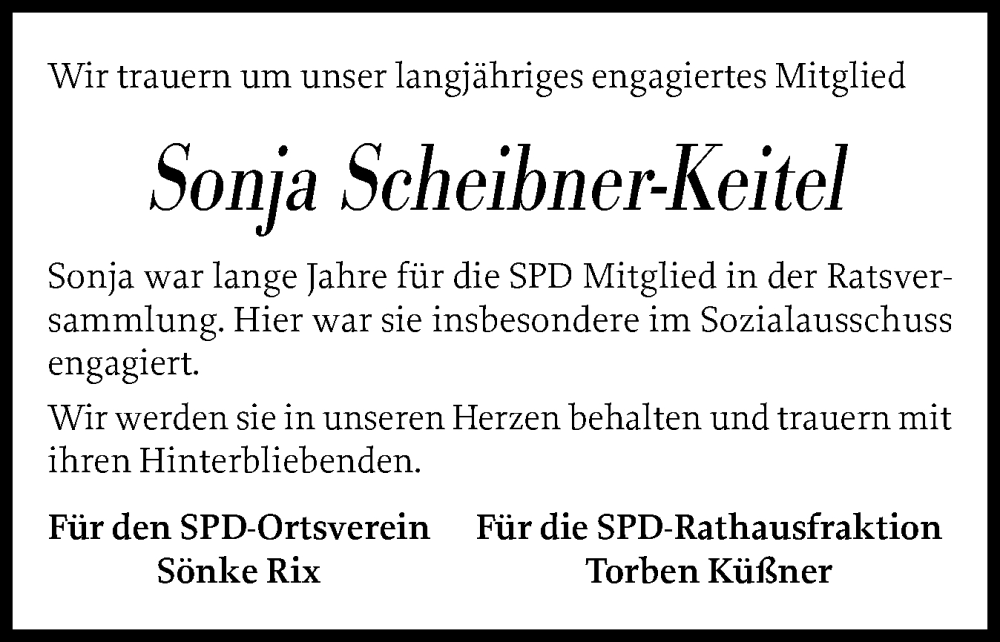  Traueranzeige für Sonja Scheibner-Keitel vom 24.01.2026 aus Eckernförder Zeitung, Hallo Eckernförde