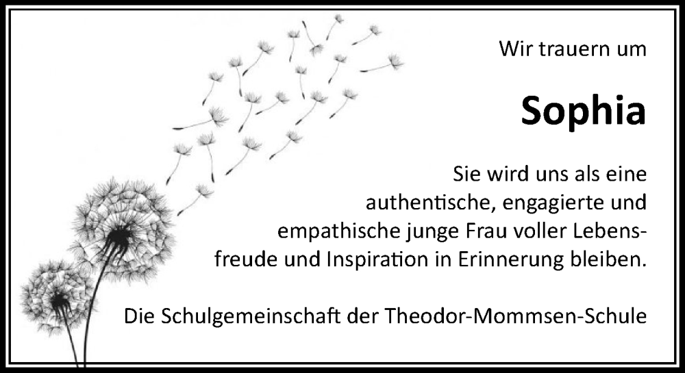  Traueranzeige für Sophia  vom 17.01.2026 aus MARKT Bad Oldesloe/Reinfeld und Stormarner Tageblatt