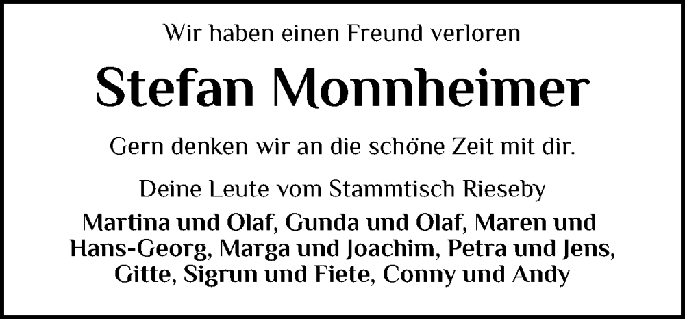  Traueranzeige für Stefan Monnheimer vom 31.01.2026 aus Eckernförder Zeitung, Hallo Eckernförde