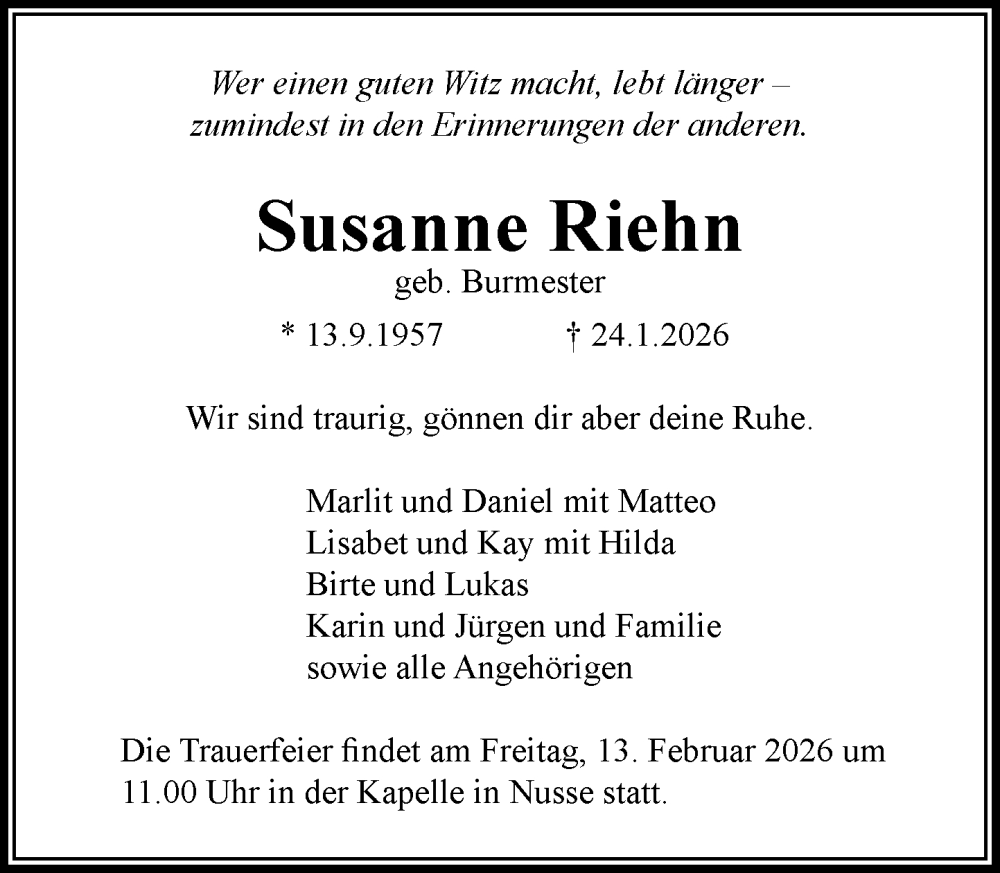  Traueranzeige für Susanne Riehn vom 31.01.2026 aus MARKT Ratzeburg/Mölln