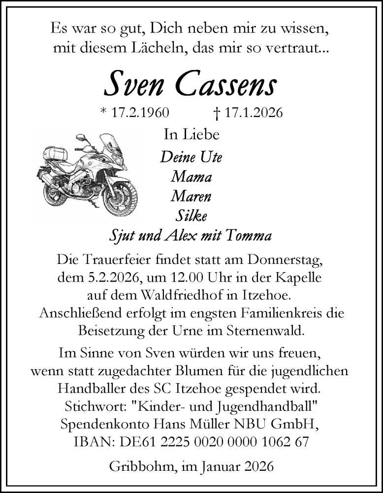  Traueranzeige für Sven Cassens vom 31.01.2026 aus Norddeutsche Rundschau, Wilstersche Zeitung, Glückstädter Fortuna