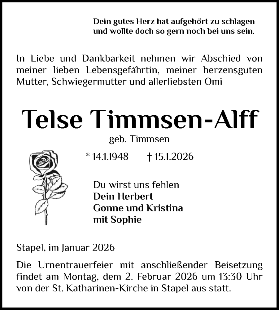  Traueranzeige für Telse Timmsen-Alff vom 27.01.2026 aus Husumer Nachrichten, Nordfriesland Tageblatt