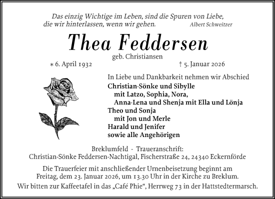 Traueranzeige von Thea Feddersen von Husumer Nachrichten, Nordfriesland Tageblatt