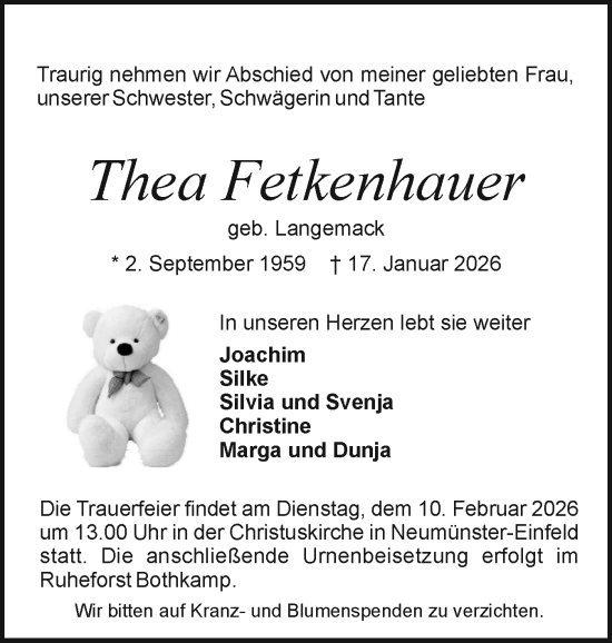 Traueranzeige von Thea Fetkenhauer von Holsteinischer Courier