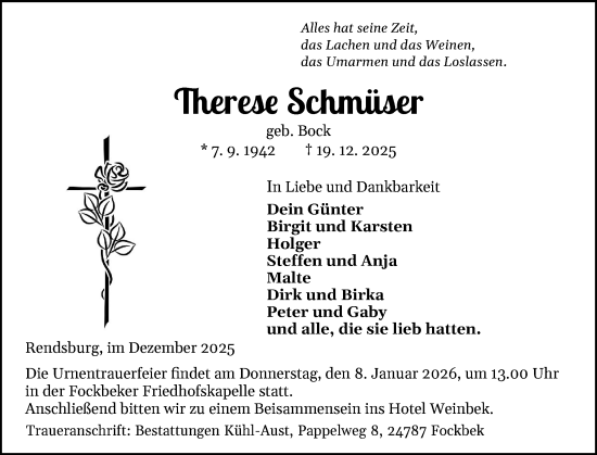 Traueranzeige von Therese Schmüser von Schleswig-Holsteinische Landeszeitung