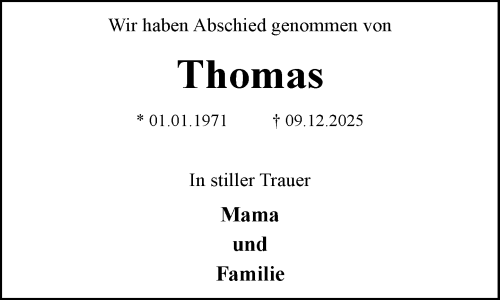  Traueranzeige für Thomas  vom 10.01.2026 aus MARKT Ratzeburg/Mölln