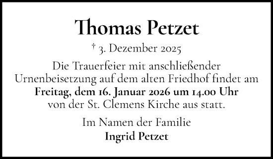 Traueranzeige von Thomas Petzet von Der Insel-Bote