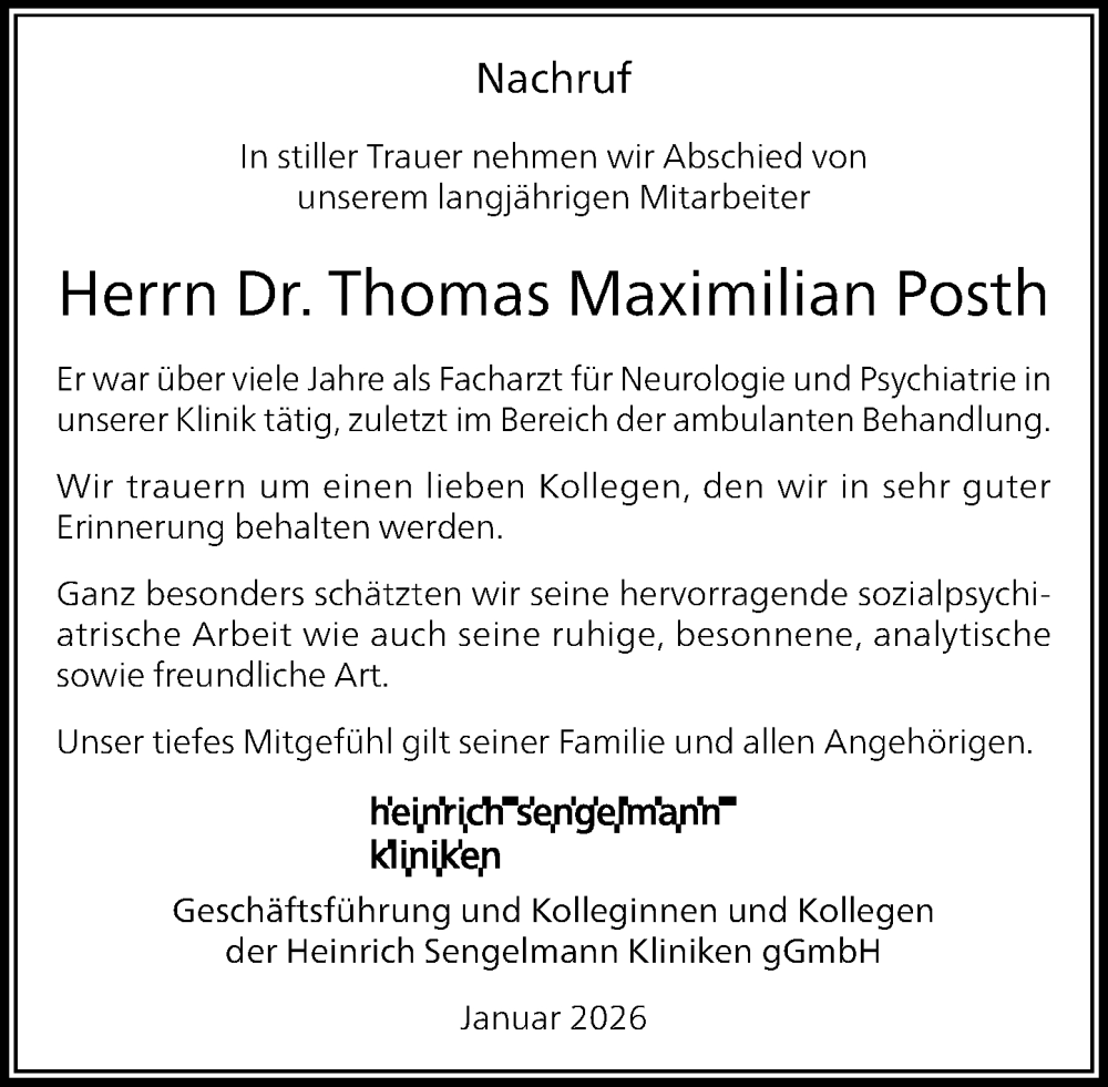  Traueranzeige für Thomas Maximilian Posth vom 31.01.2026 aus MARKT Ahrensburg/Bargteheide/Trittau und Stormarner Tageblatt