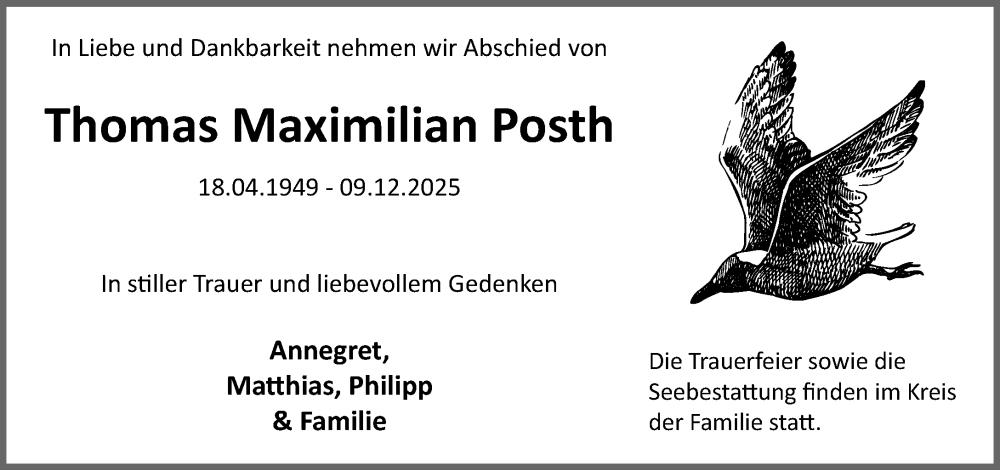  Traueranzeige für Thomas Maximilian Posth vom 10.01.2026 aus MARKT Ahrensburg/Bargteheide/Trittau und Stormarner Tageblatt