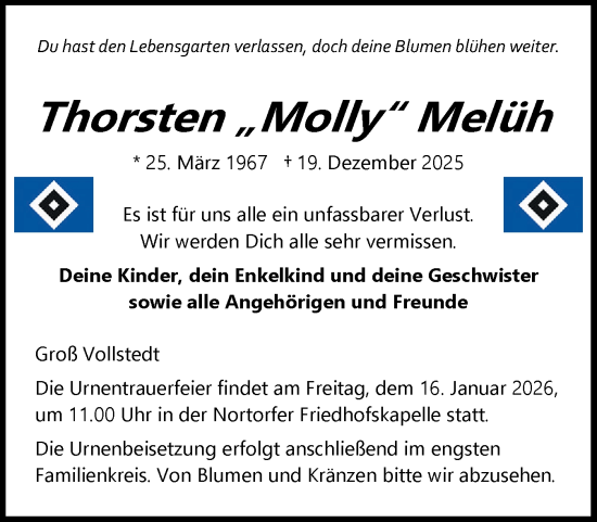Traueranzeige von Thorsten Melüh von Schleswig-Holsteinische Landeszeitung