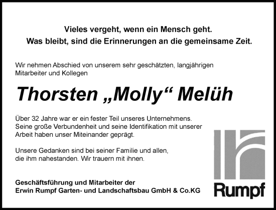 Traueranzeige von Thorsten Melüh von Schleswig-Holsteinische Landeszeitung