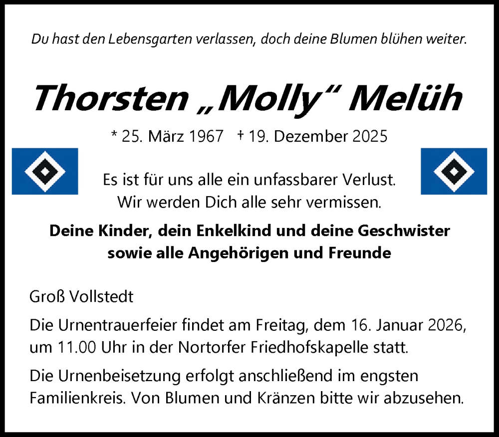  Traueranzeige für Thorsten Melüh vom 10.01.2026 aus Schleswig-Holsteinische Landeszeitung
