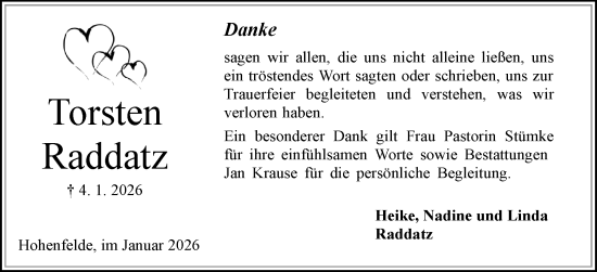 Traueranzeige von Torsten Raddatz von Region Steinburg-Elmshorn