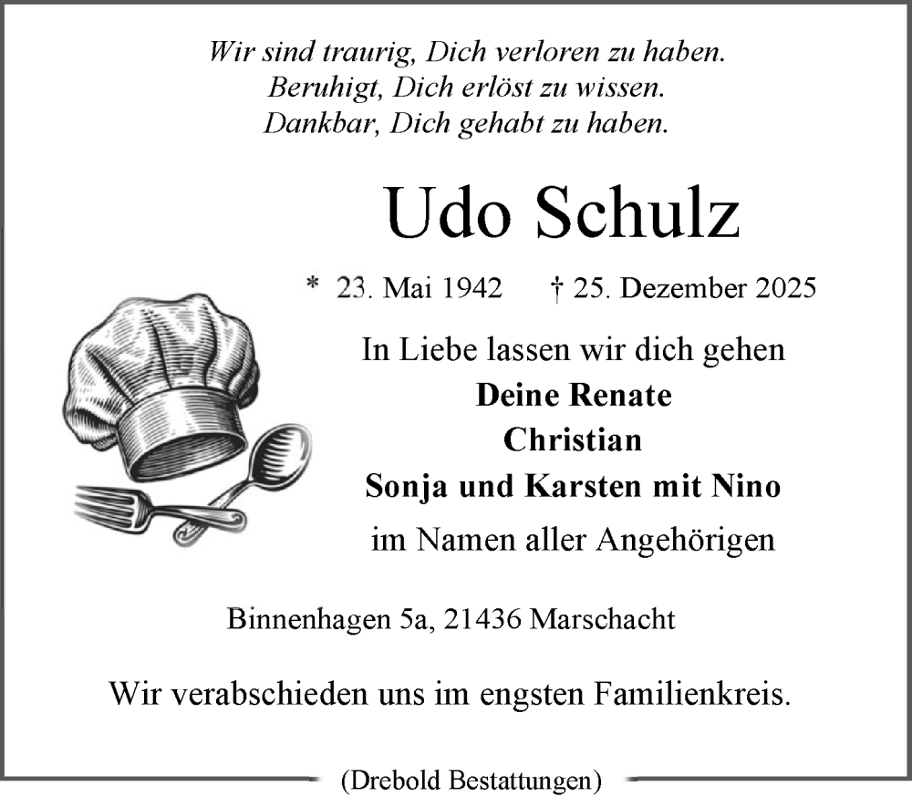  Traueranzeige für Udo Schulz vom 03.01.2026 aus Wochenend Anzeiger