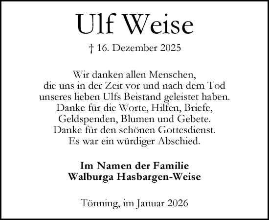 Traueranzeige von Ulf Weise von Husumer Nachrichten, Nordfriesland Tageblatt