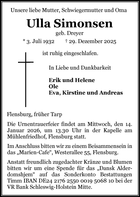 Traueranzeige von Ulla Simonsen von Flensburger Tageblatt