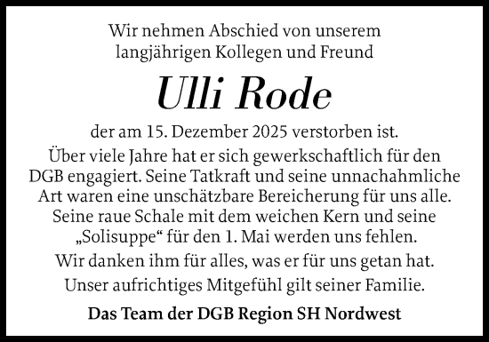 Traueranzeige von Ulli Rode von Husumer Nachrichten, Nordfriesland Tageblatt