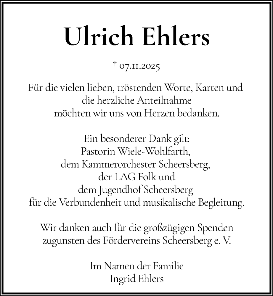  Traueranzeige für Ulrich Ehlers vom 17.01.2026 aus Husumer Nachrichten, Nordfriesland Tageblatt