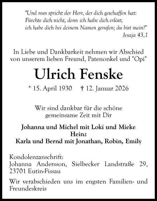 Traueranzeige von Ulrich Fenske von Ostholsteiner Anzeiger