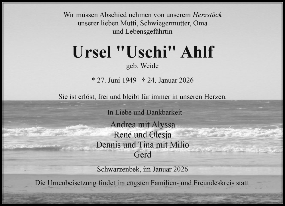  Traueranzeige für Ursel Ahlf vom 31.01.2026 aus Wochenend Anzeiger