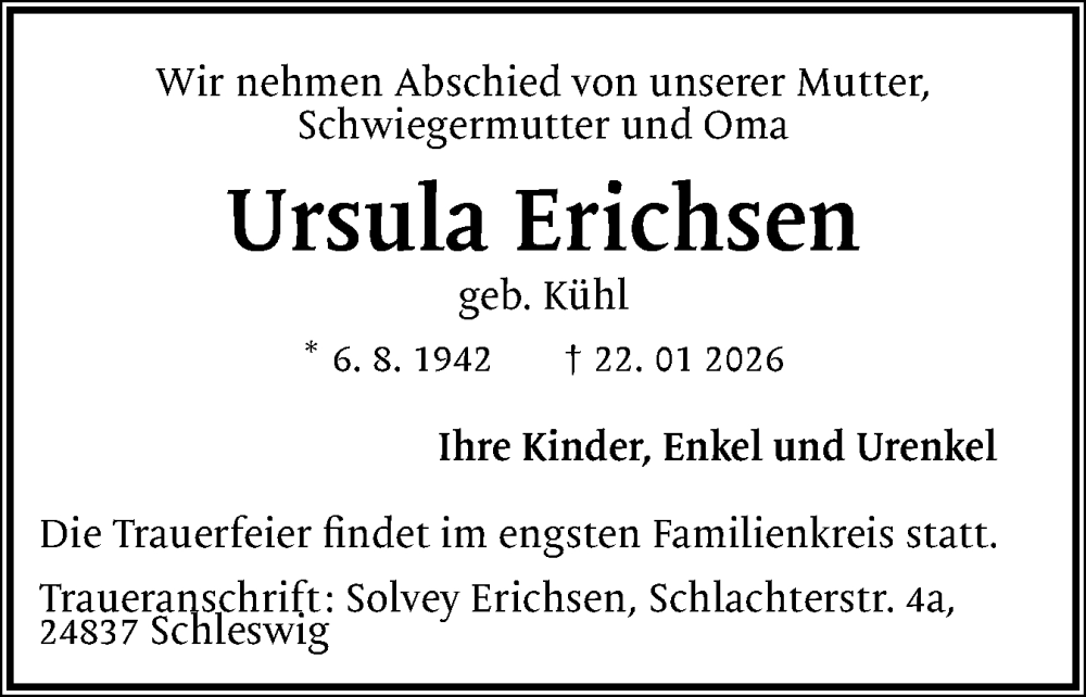  Traueranzeige für Ursula Erichsen vom 31.01.2026 aus Schleswiger Nachrichten, Schlei-Bote