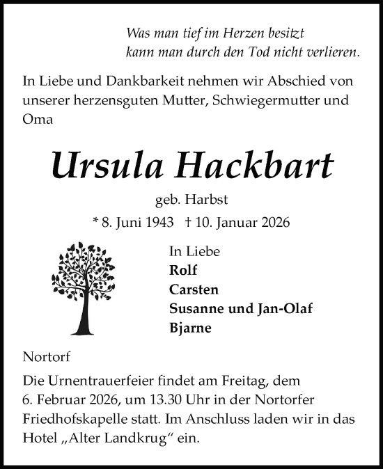Traueranzeige von Ursula Hackbart von Schleswig-Holsteinische Landeszeitung