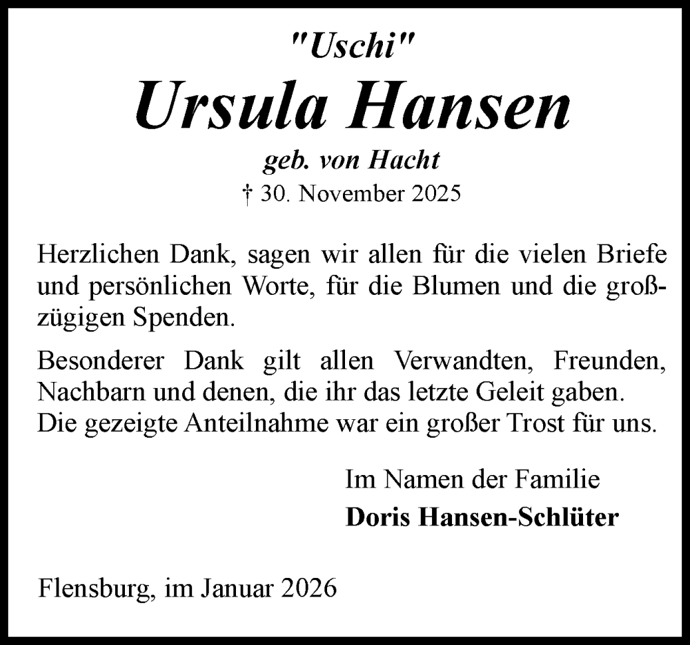  Traueranzeige für Ursula Hansen vom 17.01.2026 aus Flensburger Tageblatt