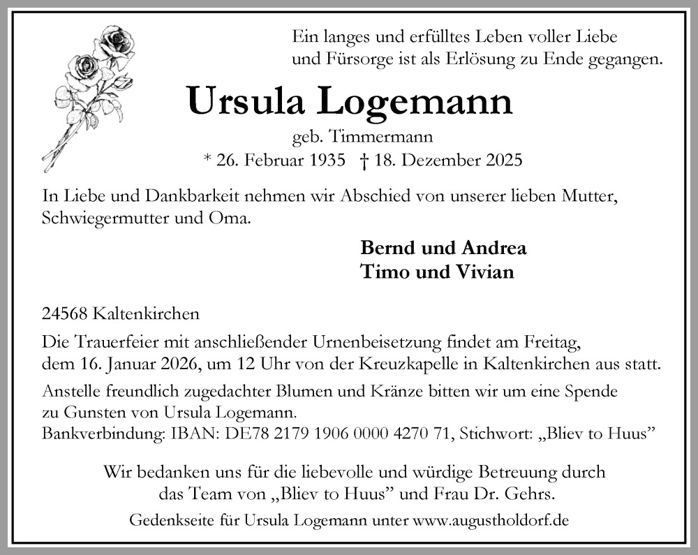  Traueranzeige für Ursula Logemann vom 10.01.2026 aus Umschau