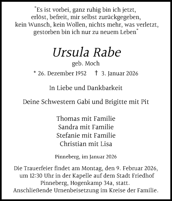 Traueranzeige von Ursula Rabe von Region Pinneberg und tip Pinneberg