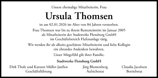 Traueranzeige von Ursula Thomsen von Flensburger Tageblatt