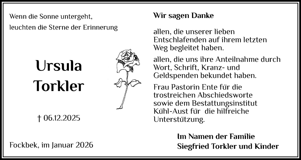  Traueranzeige für Ursula Torkler vom 10.01.2026 aus Schleswig-Holsteinische Landeszeitung