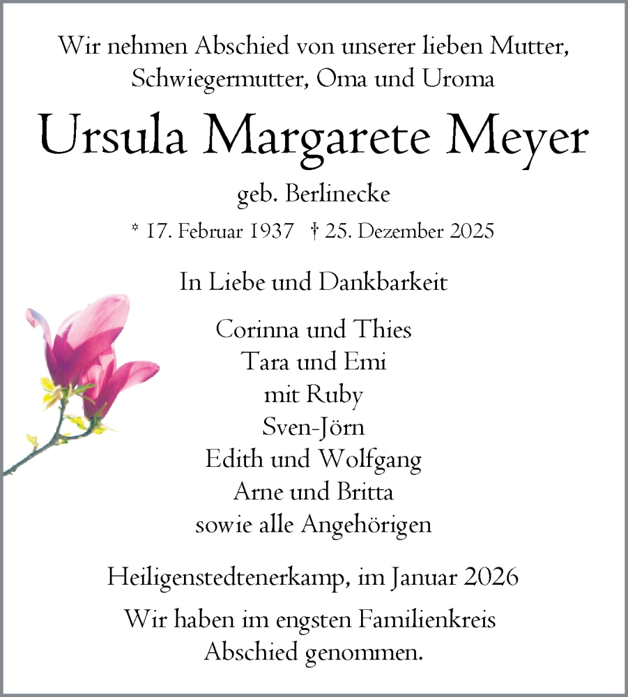  Traueranzeige für Ursula Margarete Meyer vom 17.01.2026 aus Norddeutsche Rundschau, Wilstersche Zeitung, Glückstädter Fortuna