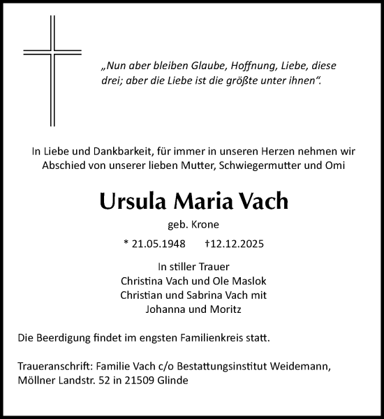 Traueranzeige von Ursula Maria Vach von MARKT Glinde/Reinfeld