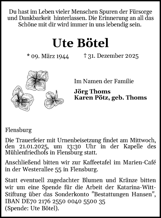 Traueranzeige von Ute Bötel von Region Flensburg