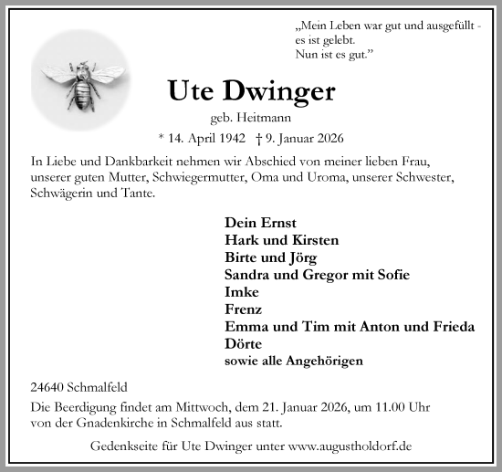 Traueranzeige von Ute Dwinger von Umschau