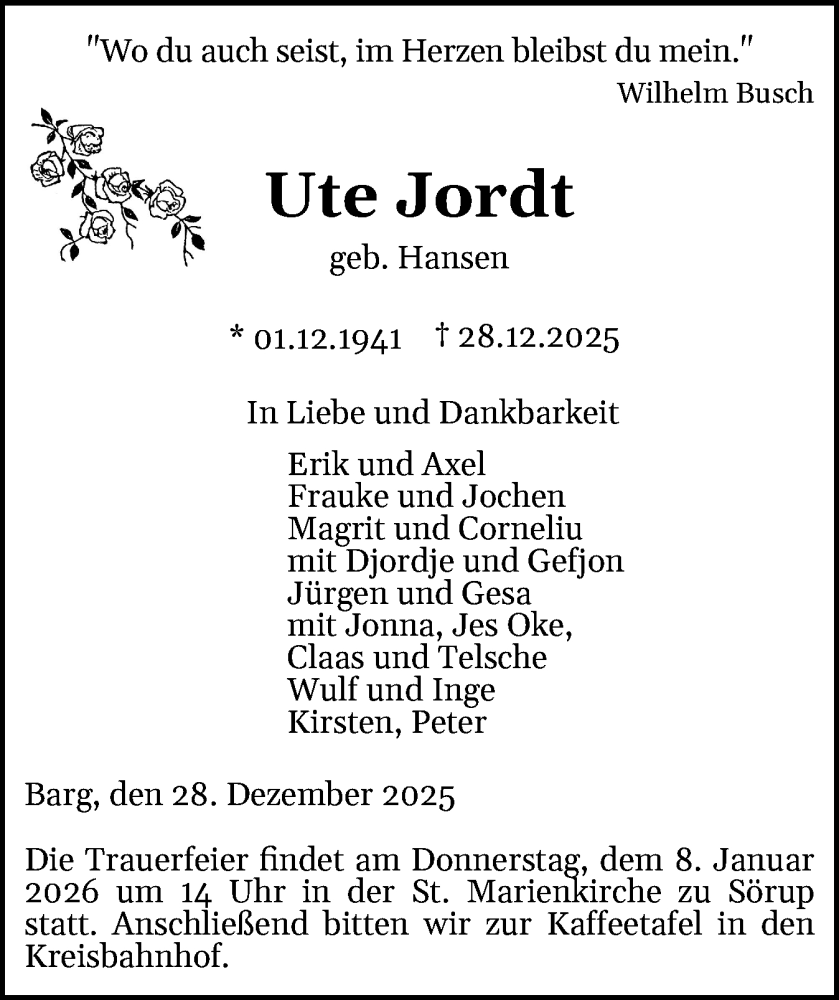  Traueranzeige für Ute Jordt vom 03.01.2026 aus Flensburger Tageblatt