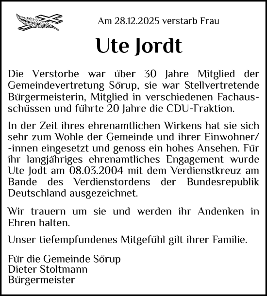 Traueranzeige von Ute Jordt von Flensburger Tageblatt