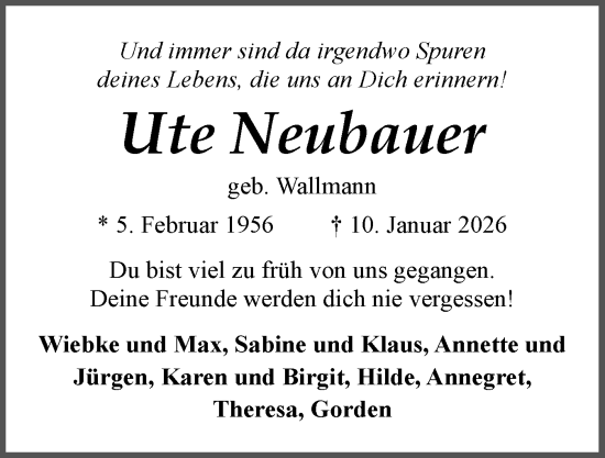 Traueranzeige von Ute Neubauer von Husumer Nachrichten, Nordfriesland Tageblatt