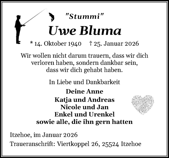 Traueranzeige von Uwe Bluma von Norddeutsche Rundschau, Wilstersche Zeitung, Glückstädter Fortuna